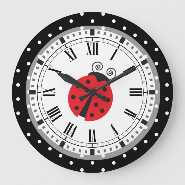 Polka Dot Ladybug Retro Style Clock Große Wanduhr (Vorderseite)