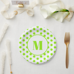 Polka Dot Monogram Initial Lime Green on White Pappteller