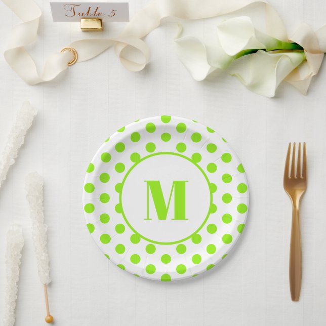 Polka Dot Monogram Initial Lime Green on White Pappteller (Hochzeit)