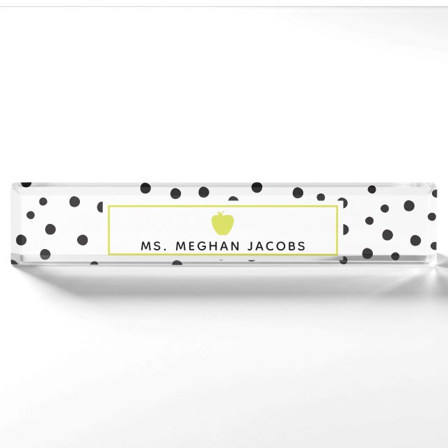 Polka Dot Neon Apple Teacher Namensplakette (Vorderseite)