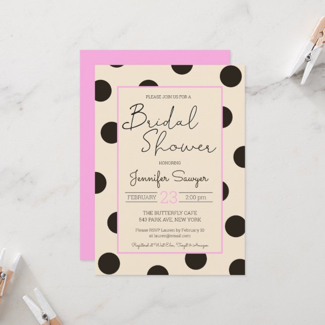 Polka Dot Neutral Black Pink Brautparty Invitat Einladung (Vorderseite/Rückseite Beispiel)