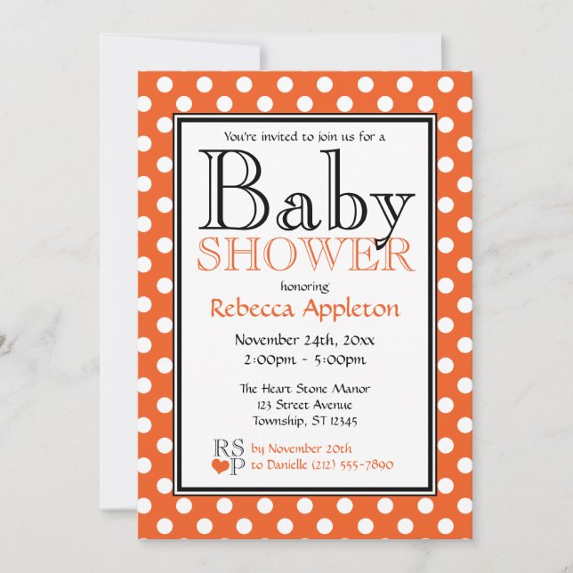 Polka Dot Orange Babydusche Einladungen (Vorderseite)