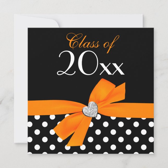 Polka Dot Orange Black Bow Herz Graduation Party Einladung (Vorderseite)