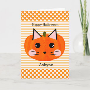 Polka Dot Orange Pumpkin Cat Happy Halloween Karte