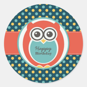 Polka Dot Owl Cartoon Geburtstagspartikett Runder Aufkleber