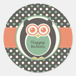 Polka Dot Owl Cartoon Geburtstagspartikett Runder Aufkleber