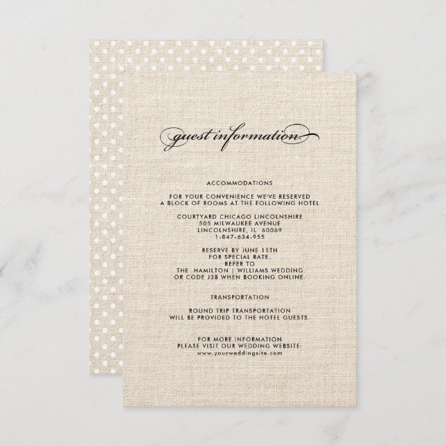 Polka Dot Pattern Burlap Wedding Details Cards Begleitkarte (Vorne/Hinten)