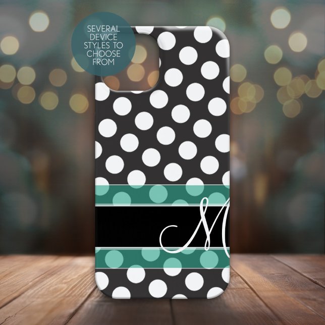 Polka Dot Pattern mit Monogramm - aquamarin schwar Case-Mate iPhone Hülle (Personalized Phone Case - Many Device Styles to Choose From)