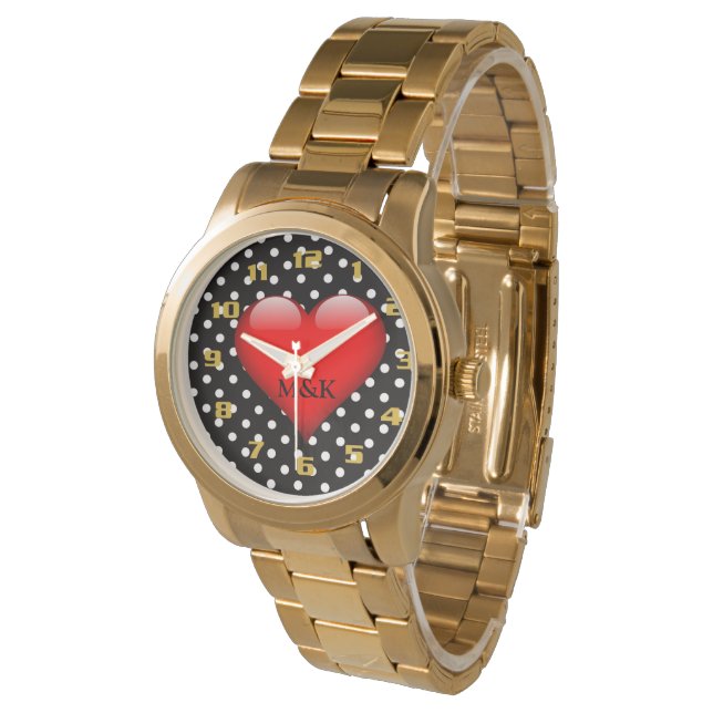 Polka dot Pattern Monogram Mein Herz gehört dir Armbanduhr (Schrägansicht)