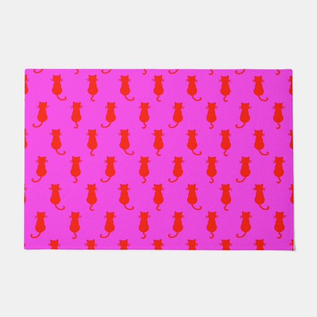 Polka Dot Pattern Pop Art Cat in Rot und Heiß Rosa Fußmatte (Vorderseite)