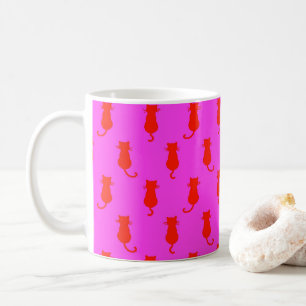 Polka Dot Pattern Pop Art Cat in Rot und Heiß Rosa Kaffeetasse