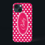 Polka dot personalisiert rosa Pink weißes Piktogra iPhone 13 Mini Hülle<br><div class="desc">Moderne Mädchen hellrosa Polka Punkt gemusterte grafische Gehäuse. Ideal für die individuelle Gestaltung Ihres Fotos oder als Weihnachts- oder Geburtstagsgeschenk für eine Frau oder ein Teenager. Personalisieren Sie mit Ihrem Namen und Initial. Dieses Beispiel lautet: Betty M. Design von Sarah Trett.</div>