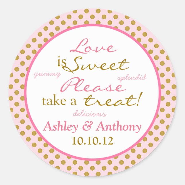 Polka Dot Pink Gold White Candy Buffet Stickers (Vorderseite)