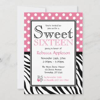 Polka Dot Pink & Zebra Print 16 . Geburtstag Einladung