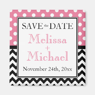 Polka Dot Pink & Zickzack Speichern Sie das Datum Magnet