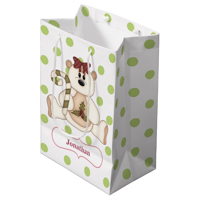 Polka Dot Polar Bär Personalisiert Weihnachten Mittlere Geschenktüte (Vorderseite Schrägansicht)