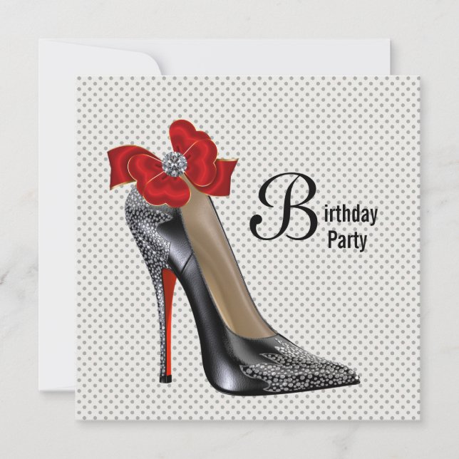 Polka Dot Red Black High Heel Shoe Geburtstagspart Einladung (Vorderseite)