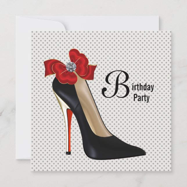 Polka Dot Red Black High Heel Shoe Geburtstagspart Einladung (Vorderseite)