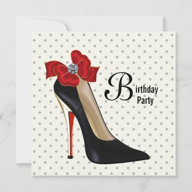 Polka Dot Red Black High Heel Shoe Geburtstagspart Einladung (Vorderseite)