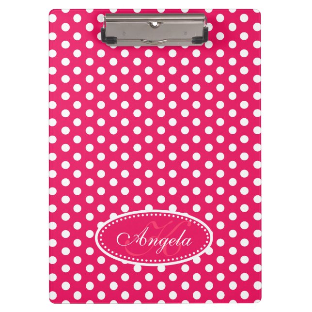 Polka dot red pink name and initial clipboard klemmbrett (Vorderseite)