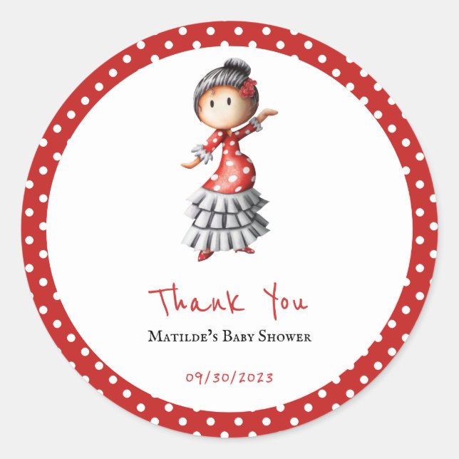 Polka Dot Red White Flamenco Sevillana Dancer Runder Aufkleber (Vorderseite)