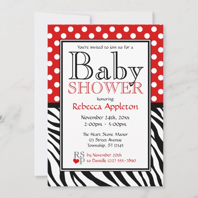 Polka Dot Red & Zebra Print Baby Dusche Einladung (Vorderseite)