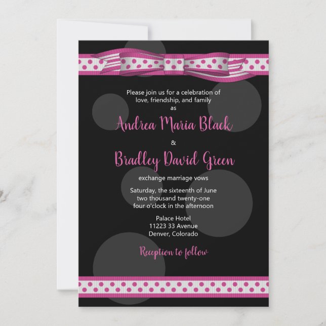 Polka Dot Ribbon Pink Black Wedding Einladung (Vorderseite)
