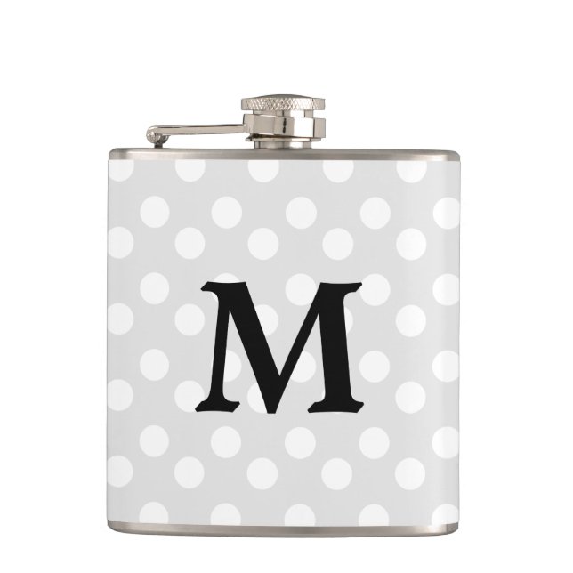 Polka Dot Silver Gray Monogram Eleganter Hip Flask Flachmann (Vorderseite)