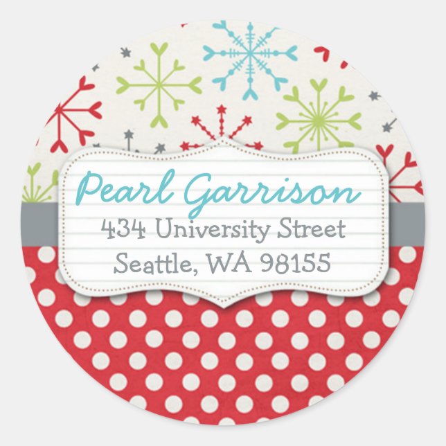 Polka dot & Snowflake Circle Return Address Label Runder Aufkleber (Vorderseite)