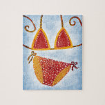 Polka Dot String Bikini Jigsaw Puzzle<br><div class="desc">Streichebikini in bunt gelb und rot mit Polka-Punkten über einem blauen Hintergrund.</div>