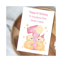 Polka Dot Teddies Twin Girls Card zum 1. Geburtsta