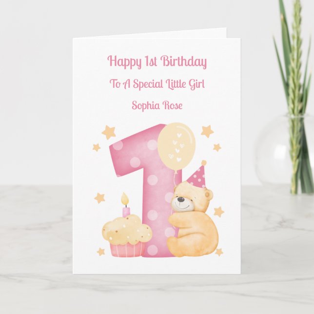 Polka Dot Teddy Birthday Girl Card Karte (Vorderseite)