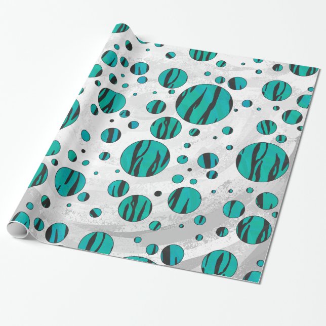 Polka Dot Tiger Black und Aquamarin Print Geschenkpapier (Ungerollt)