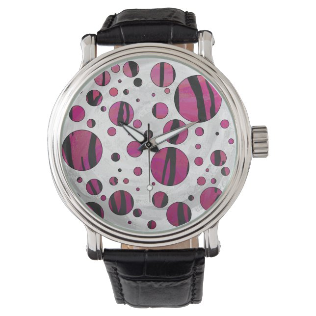 Polka Dot Tiger Hot Pink und Black Print Armbanduhr (Vorderseite)