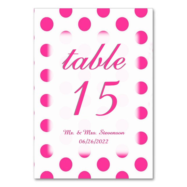 Polka Dot Tischnummern mit Name und Datum (Vorderseite)