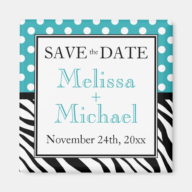 Polka Dot Turquoise Zebra Print Save the Date Magnet (Vorne)