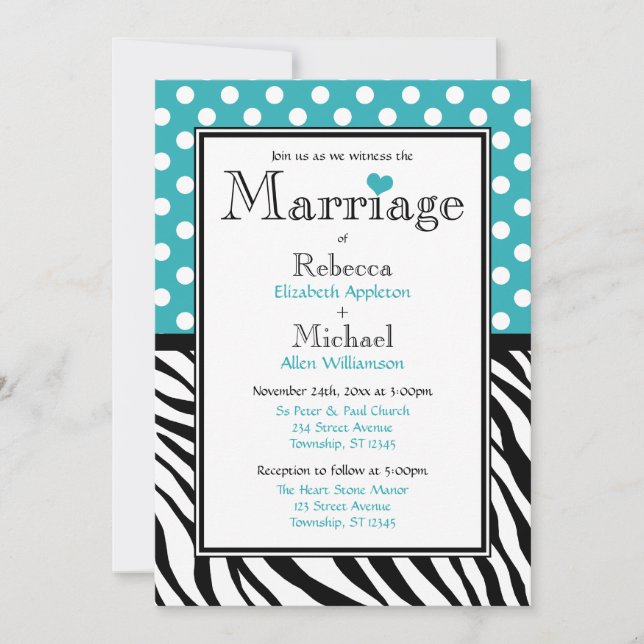 Polka Dot Turquoise Zebra Print Wedding Einladung (Vorderseite)