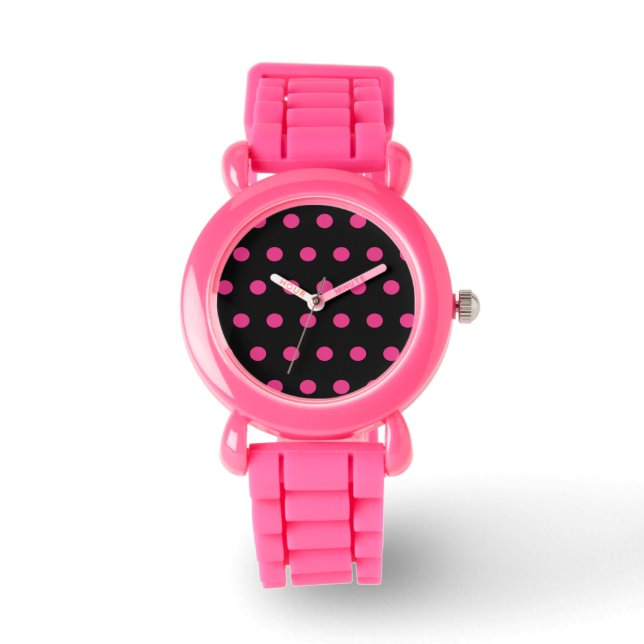 Polka Dot Watch (Schwarz & Neon Pink) Armbanduhr (Vorderseite)