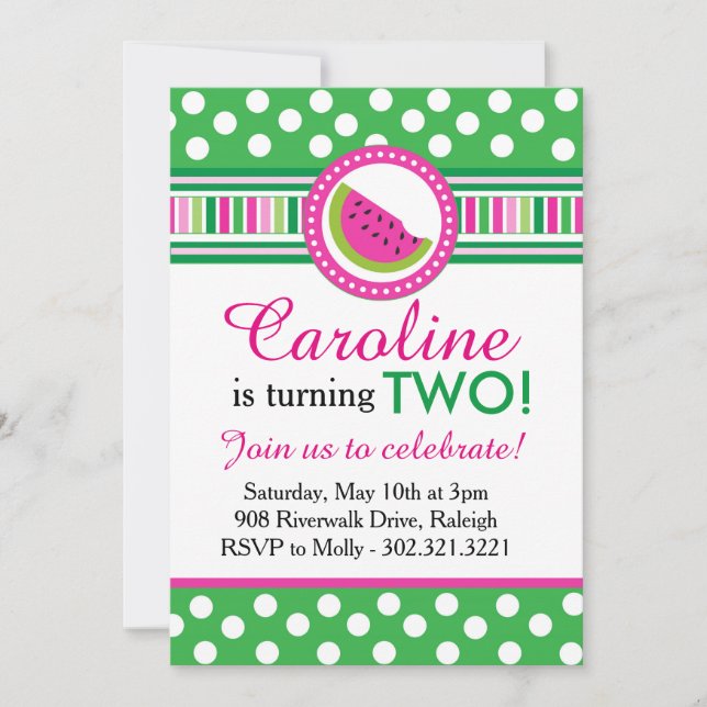Polka Dot Watermelon Party Einladung (pink/grün) (Vorderseite)