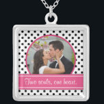 Polka Dot Wedding Foto Template Necklace Versilberte Kette<br><div class="desc">Ändern Sie das Foto und die Liebe Vers auf diesem schwarz-weißen Polka Punkt, rosa Akzente Hochzeit oder Jubiläumsfoto Vorlage Anhänger und Halskette. Um Vers und Foto zu ändern, verwenden Sie die Option Personalisieren. Für umfangreichere Änderungen an der Halskette, wie zum Beispiel das Ändern des Schriftartes, der Größe des Schriftartes, der...</div>