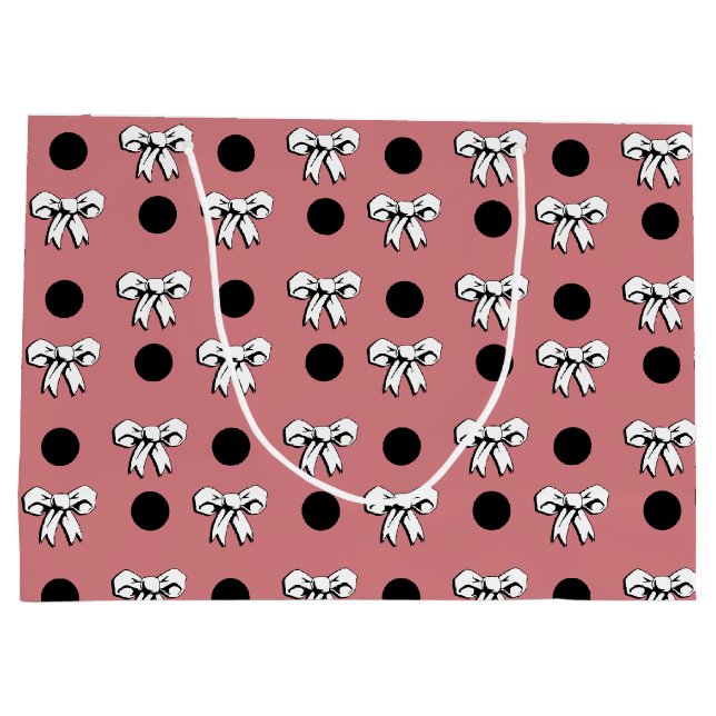 Polka Dots and Bows Pink White Black Retro Style Große Geschenktüte (Rückseite)