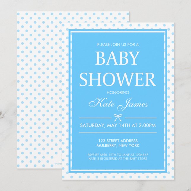 Polka Dots and Ribbon Blue Baby Shower Einladung (Vorne/Hinten)