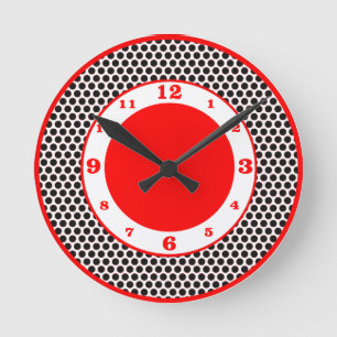 Polka Dots- Black, White & Red Runde Wanduhr