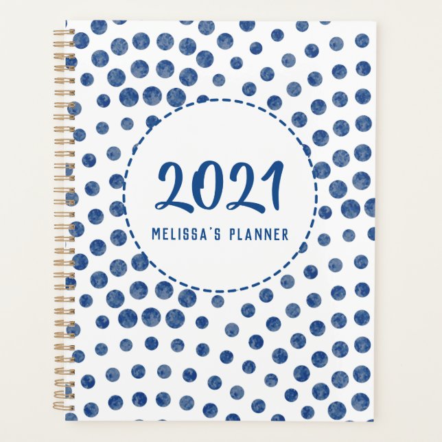 Polka Dots Blue Girly modern Personalisiert Planer (Vorderseite)