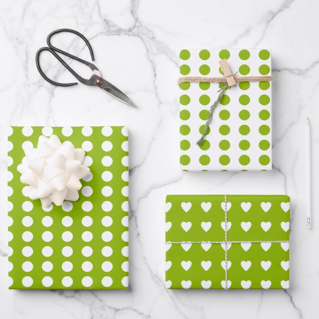 Polka dots herzen weißer Apfelgrün Geschenkpapier Set (Vorderseite)