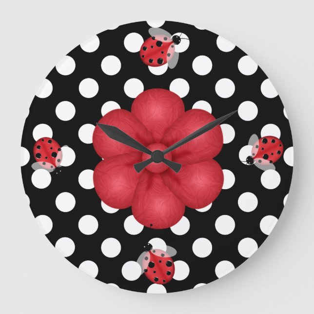 Polka Dots & Ladybugs Wall Clock Große Wanduhr (Vorderseite)