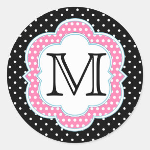 Polka Dots Monogram Pink Blue Black Runder Aufkleber