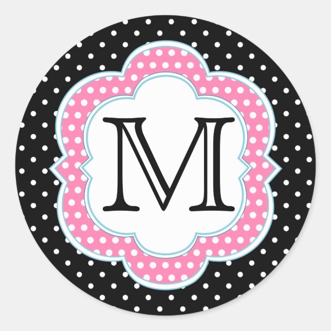 Polka Dots Monogram Pink Blue Black Runder Aufkleber (Vorderseite)