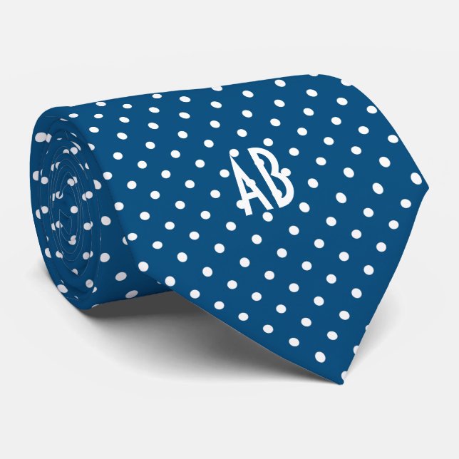 Polka Dots Muster mit Monogramm (dunkelblau) Krawatte (Gerollt)