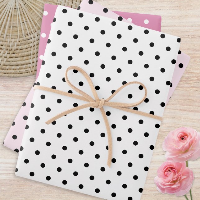 Polka Dots Muster Set 3 Pink White Dotty Geschenkpapier Set (A set of 3 sheets of gift wrapping paper, with retro polka dot designs in pink, white and black)
